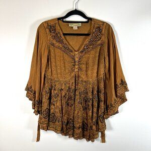 Agan Traders Boho Tunic Top Washed Orange Embroidered Beaded Hippie Size S Boho